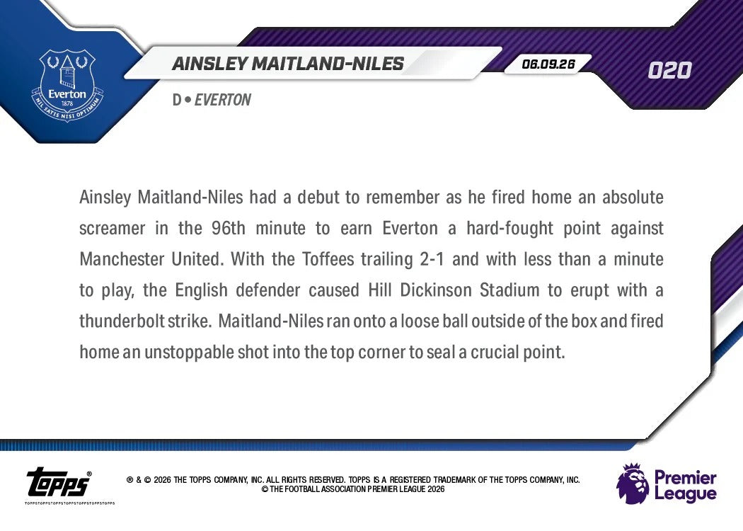2026-27 | Topps | Now | Premier League | #020 | Ainsley Maitland-Niles | Base