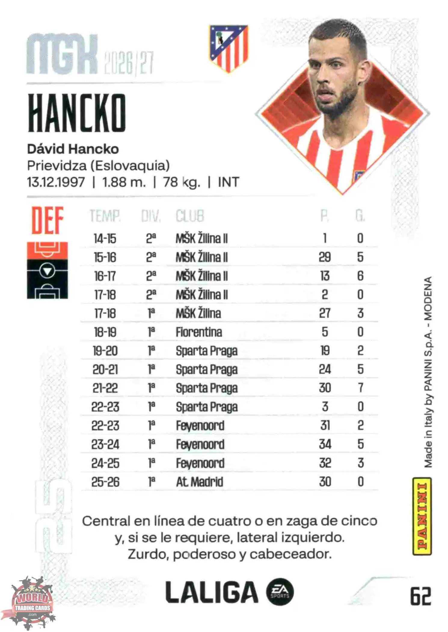 Panini | Megacracks | 2026-2027 | #062 | Hancko | Atlético de Madrid | Basico