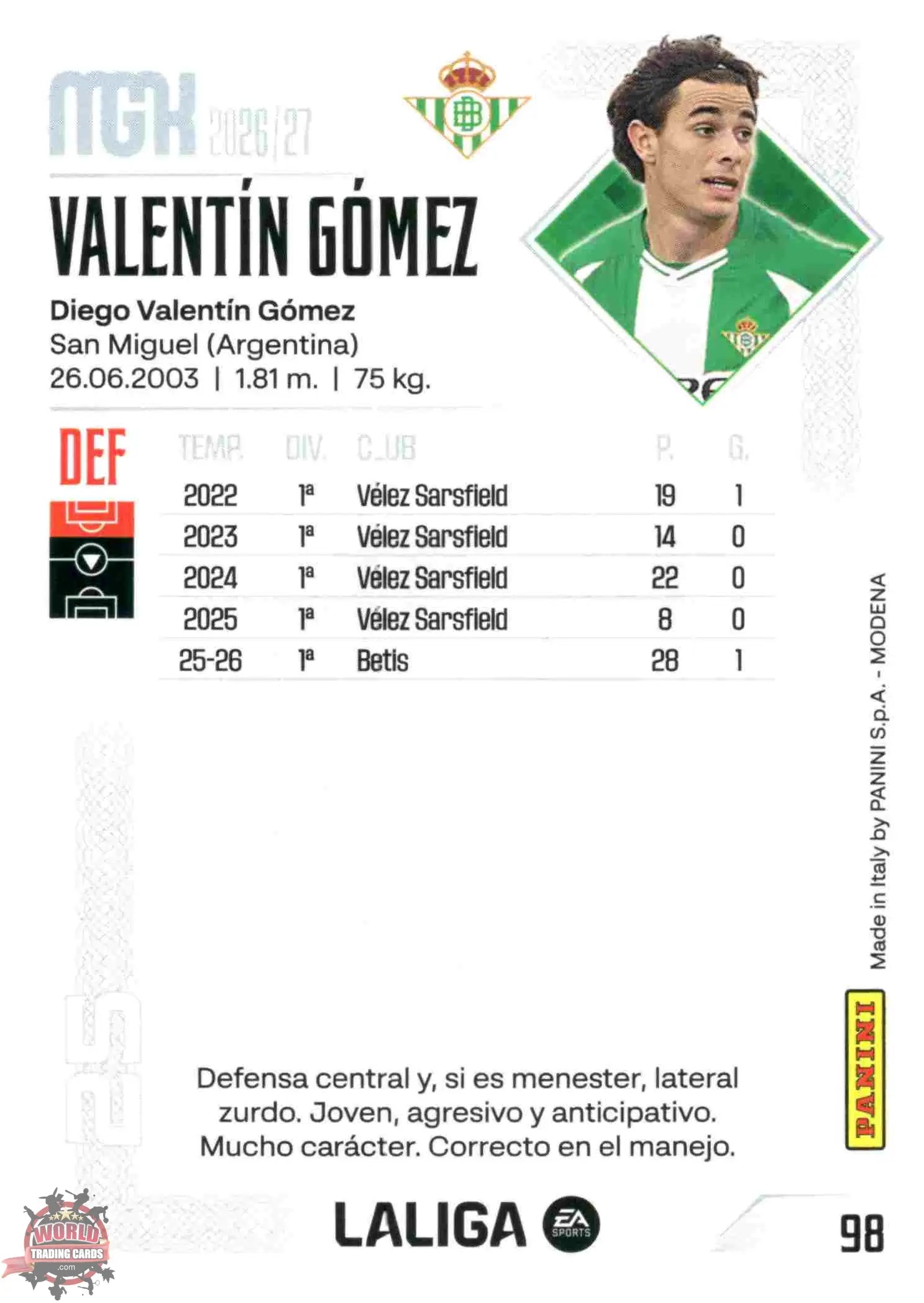 Panini | Megacracks | 2026-2027 | #098 | Valentín Gómez | Real Betis | Basico