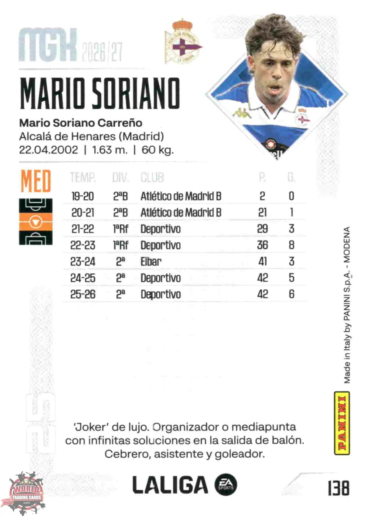 Panini | Megacracks | 2026-2027 | #138 | Mario Soriano | RC Deportivo | Basico
