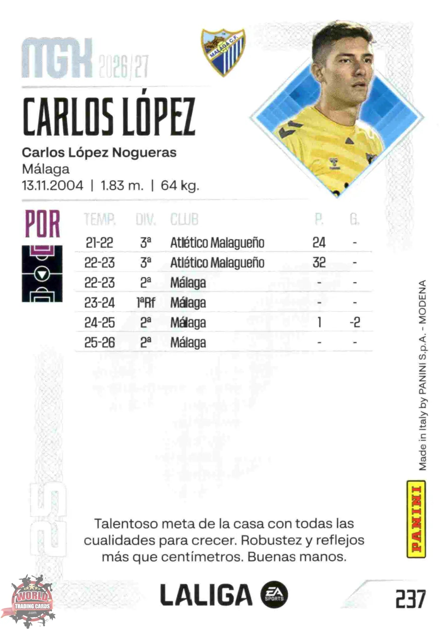 Panini | Megacracks | 2026-2027 | #237 | Carlos López | Málaga CF | Basico