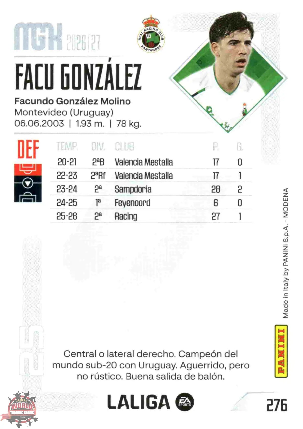 Panini | Megacracks | 2026-2027 | #276 | Facu Gonález | Real Racing Club | Basico