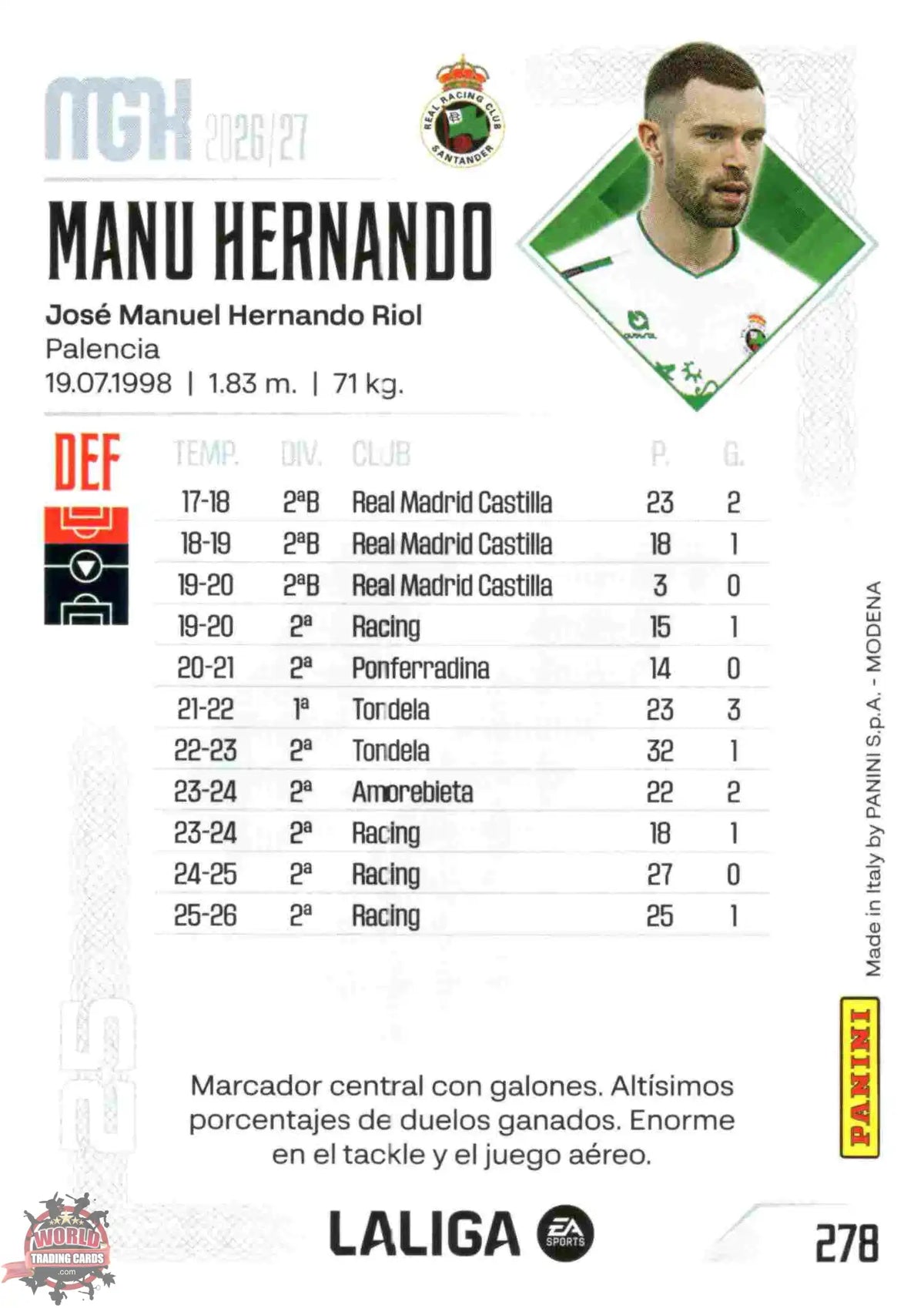 Panini | Megacracks | 2026-2027 | #278 | Manu Hernando | Real Racing Club | Basico