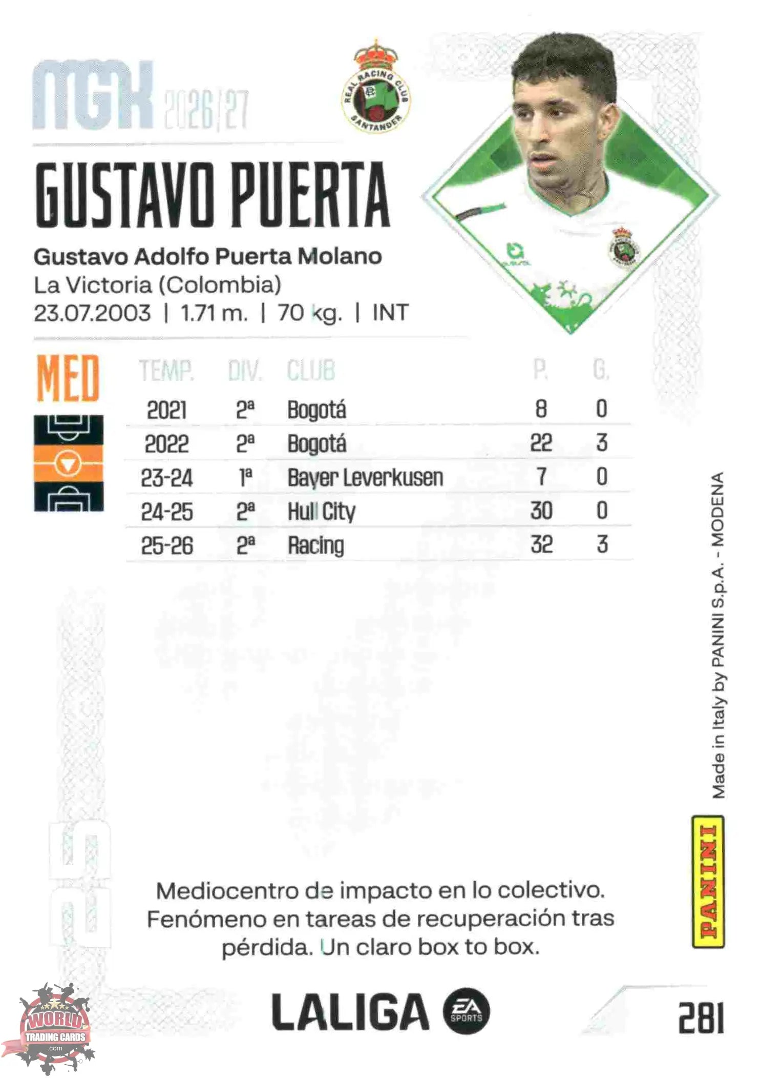 Panini | Megacracks | 2026-2027 | #281 | Gustavo Puerta | Real Racing Club | Basico