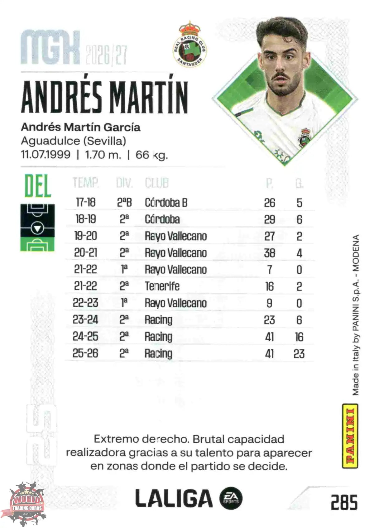 Panini | Megacracks | 2026-2027 | #285 | Andrés Martín | Real Racing Club | Basico