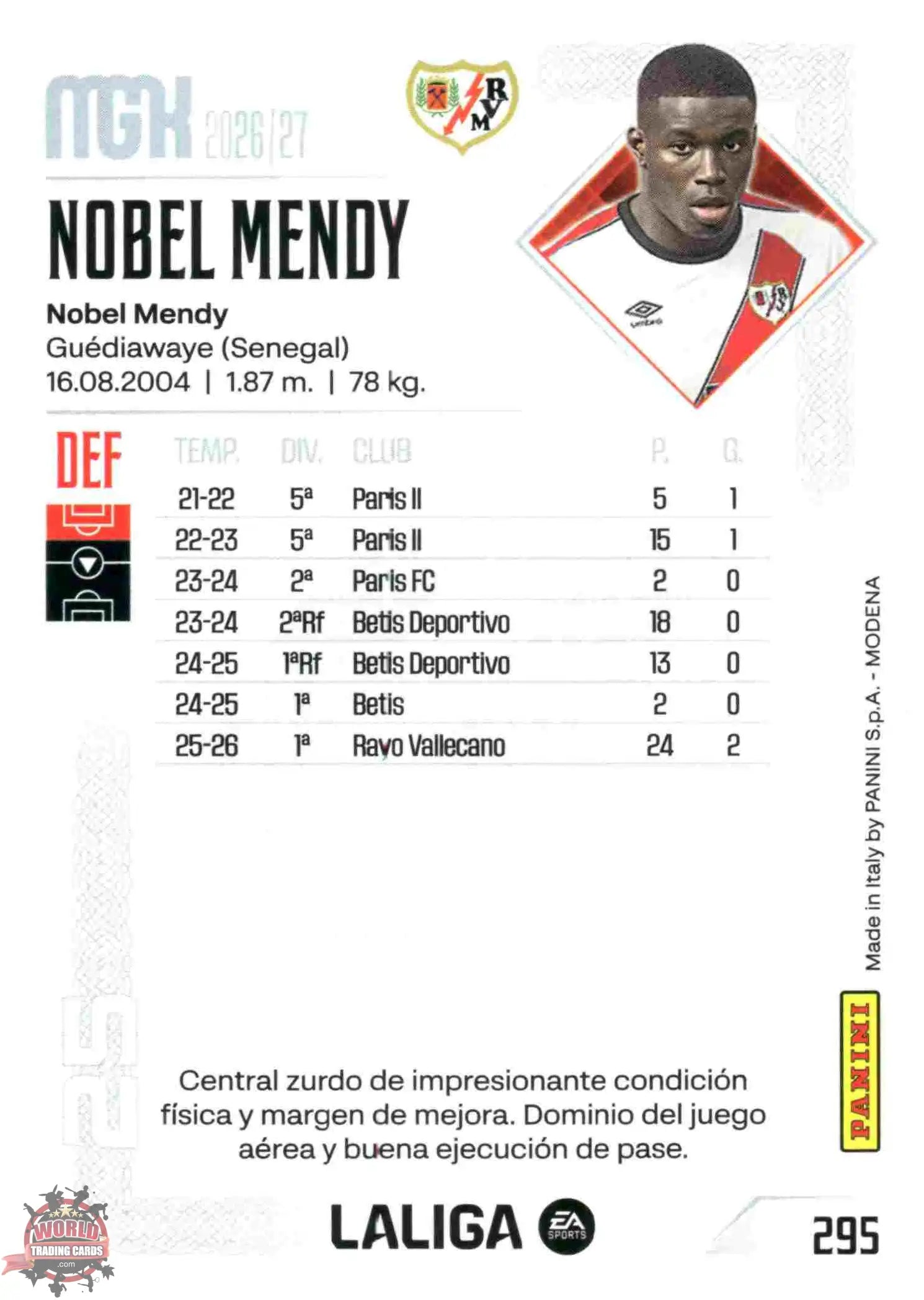 Panini | Megacracks | 2026-2027 | #295 | Nobel Mendy | Rayo Vallecano | Basico