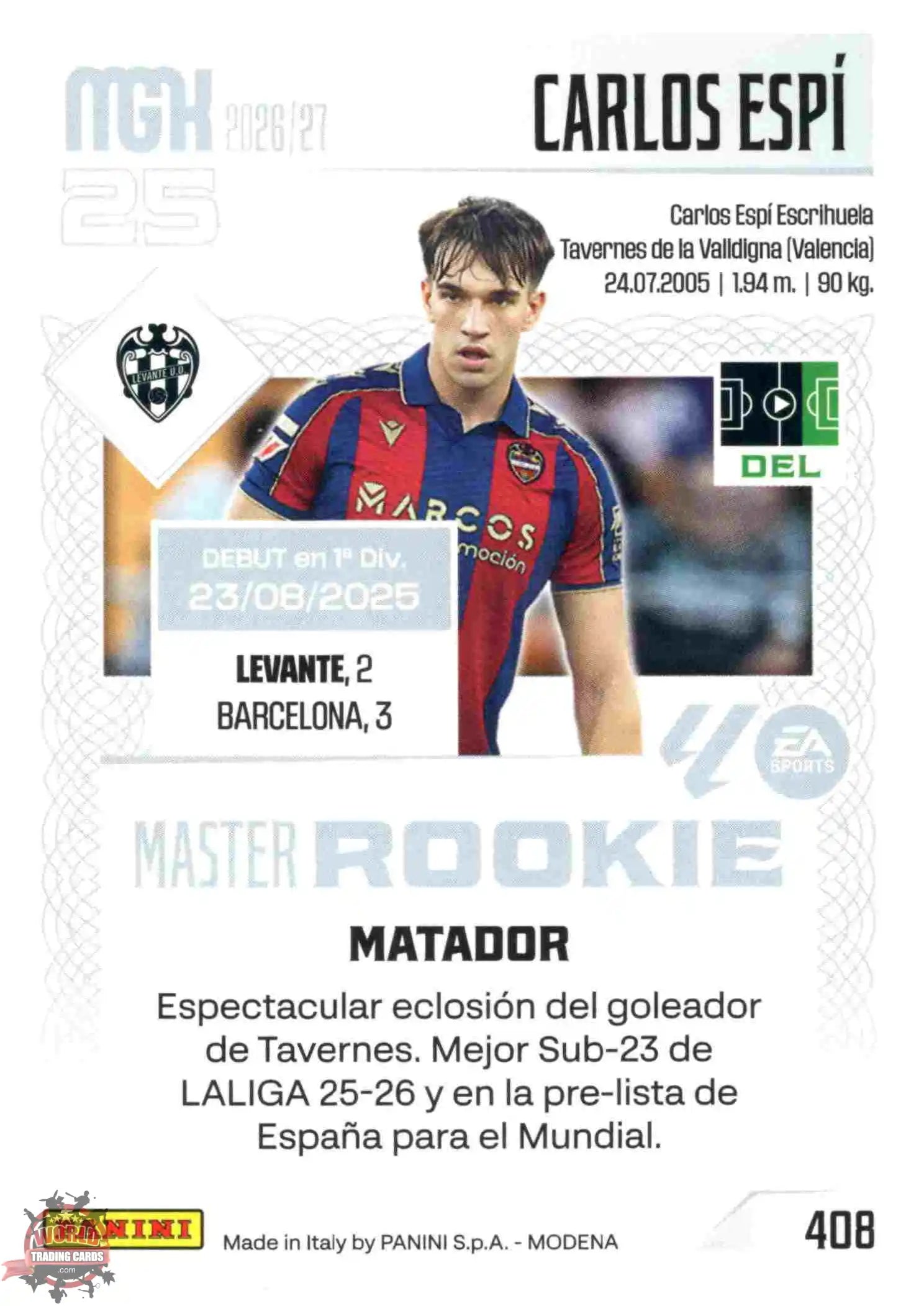 Panini | Megacracks | 2026-2027 | #408 | Carlos Espí | UD Levante | Master Rookie