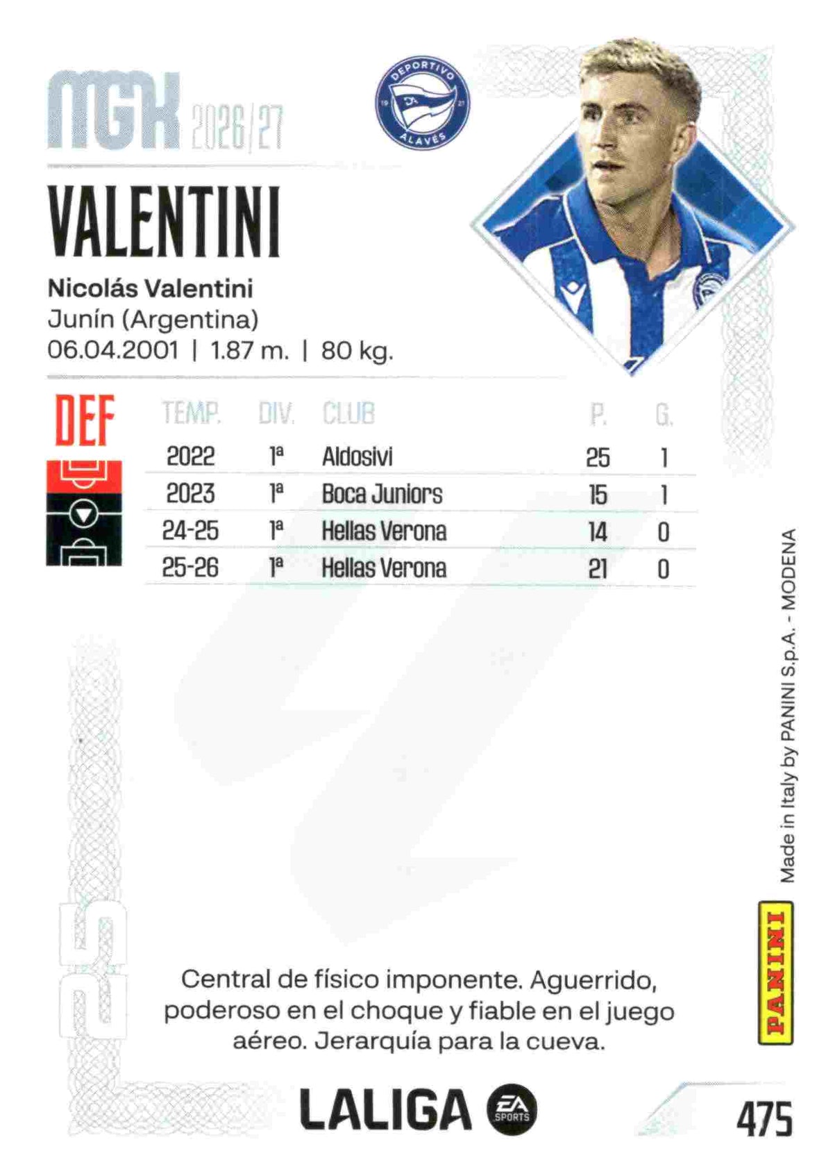 Panini | Megacracks | 2026-2027 | #475 | Valentini | D. Alavés | Nuevo Fichaje