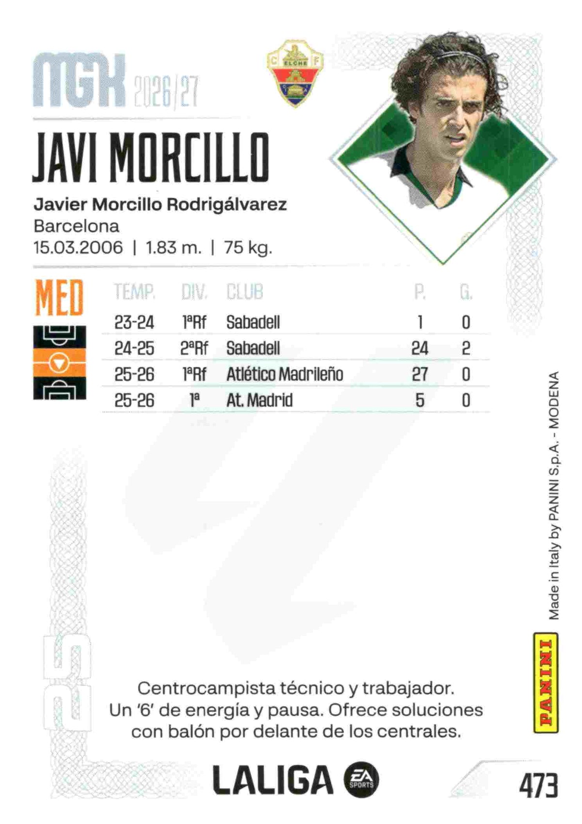 Panini | Megacracks | 2026-2027 | #473 | Javi Morcillo | Elche CF | Nuevo Fichaje
