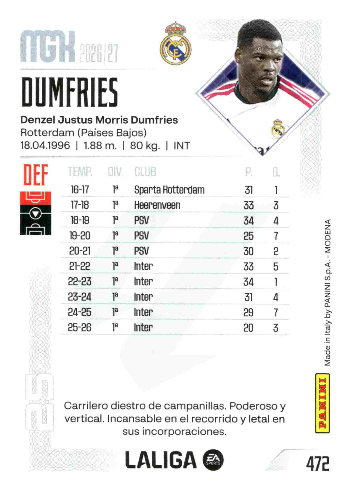 Panini | Megacracks | 2026-2027 | #472 | Dumfries | Real Madrid | Nuevo Fichaje