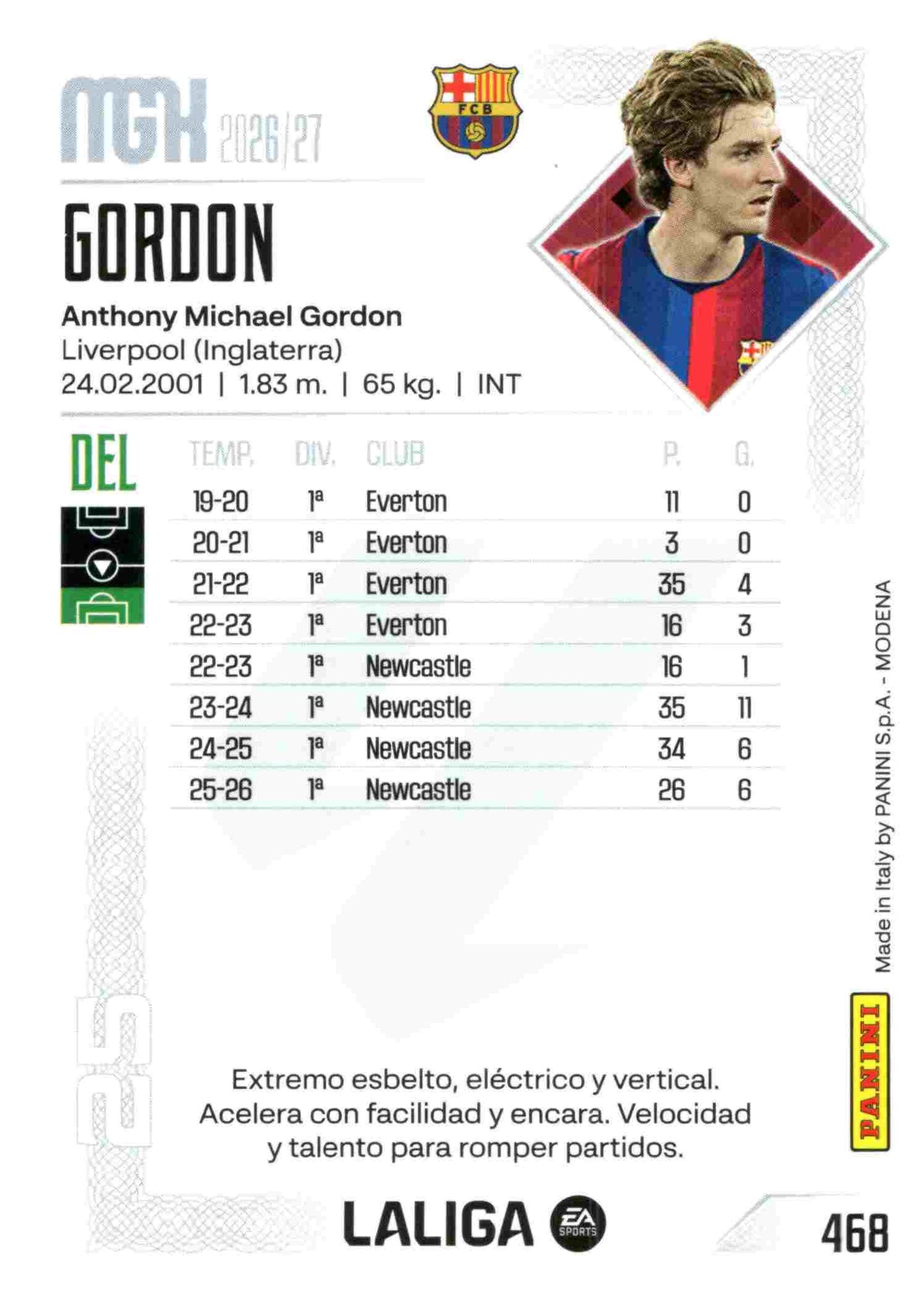 Panini | Megacracks | 2026-2027 | #468 | Gordon | FC Barcelona | Nuevo Fichaje