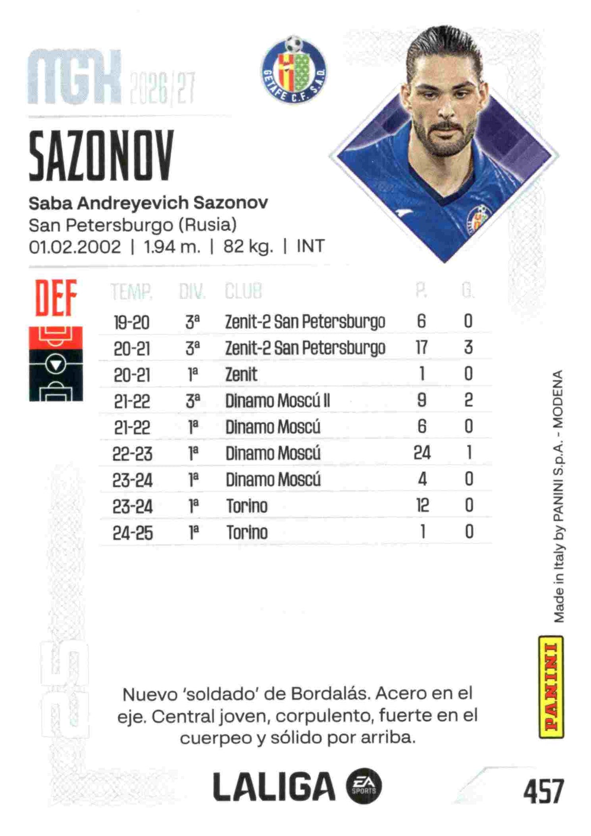 Panini | Megacracks | 2026-2027 | #457 | Sazonov | Getafe FC | Nuevo Fichaje
