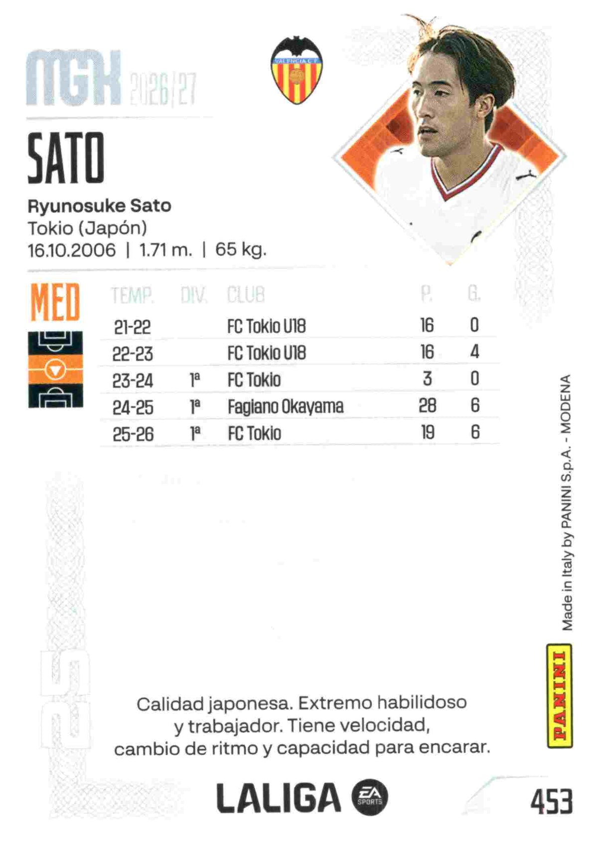 Panini | Megacracks | 2026-2027 | #453 | Sato | Valencia CF | Nuevo Fichaje