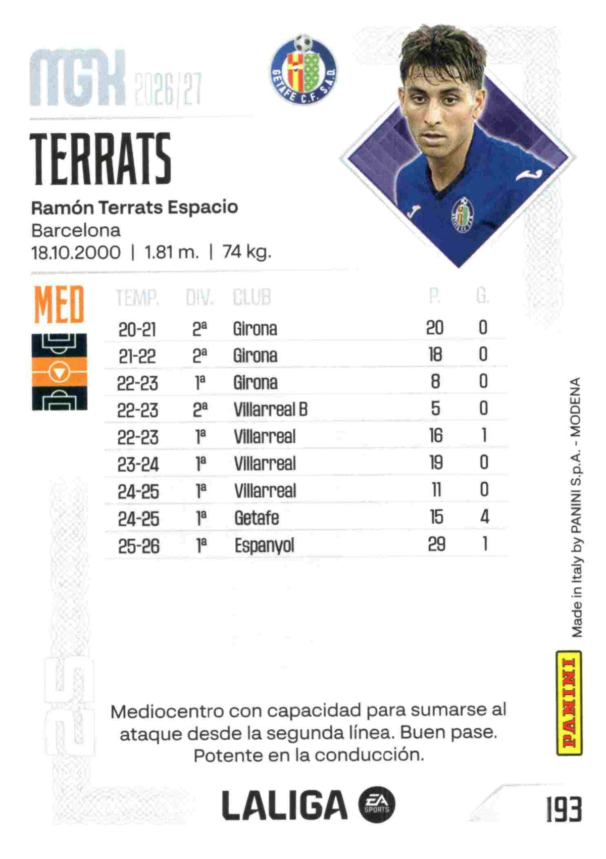 Panini | Megacracks | 2026-2027 | #193 | Terrats | Getafe CF | Basico