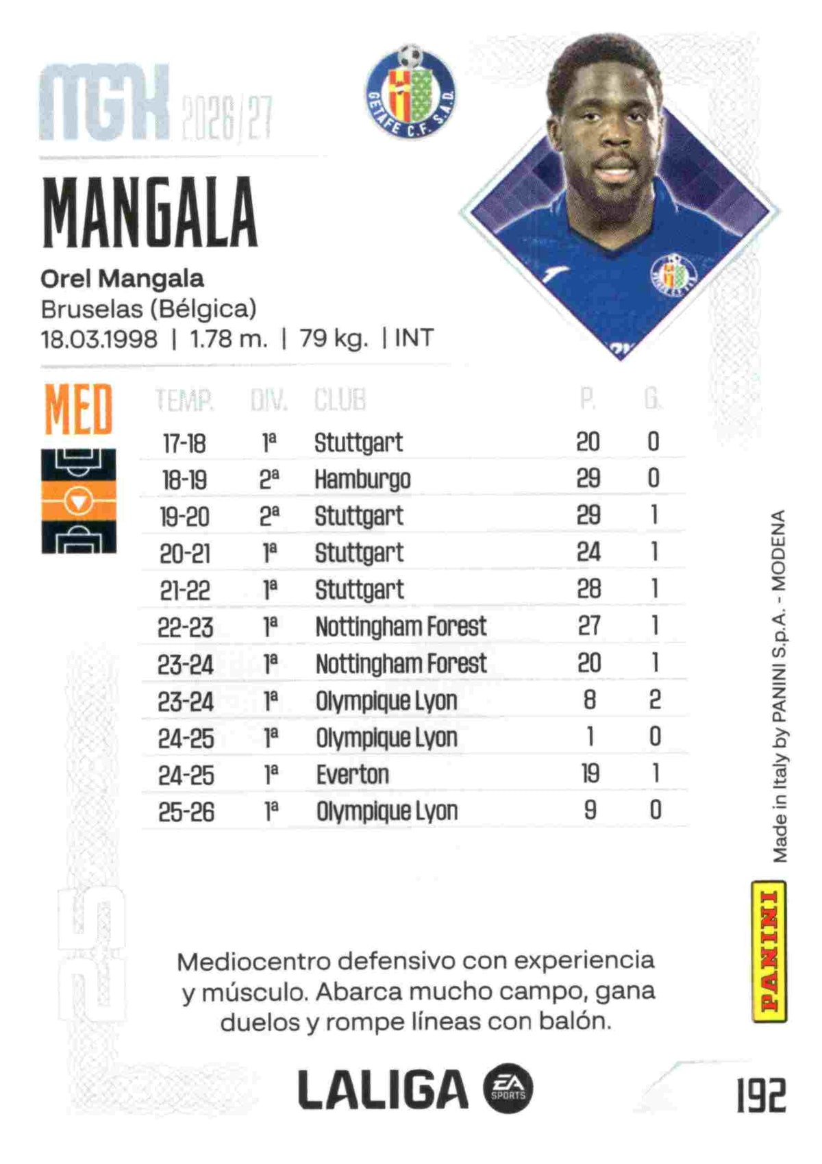 Panini | Megacracks | 2026-2027 | #192 | Mangala | Getafe CF | Basico