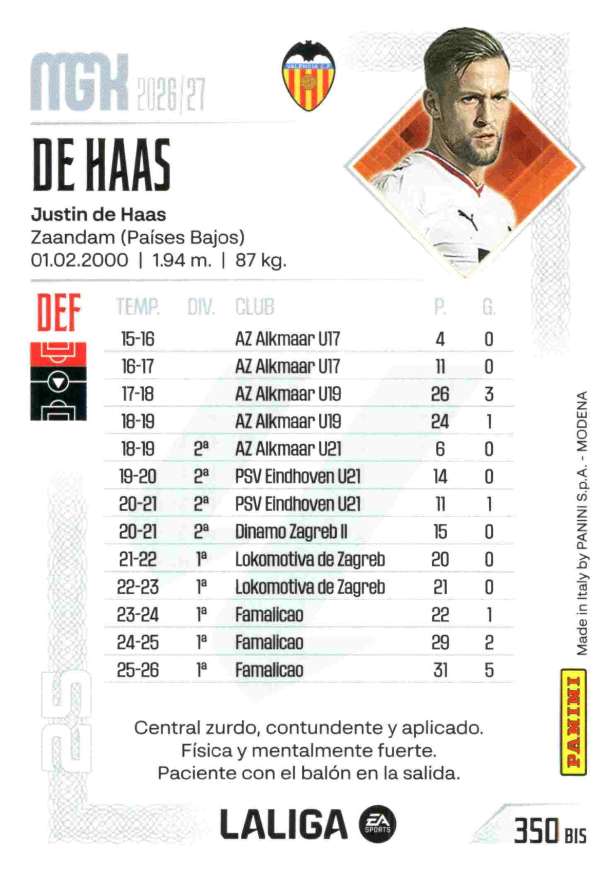 Panini | Megacracks | 2026-2027 | #350 BIS  | De Haas | Valencia CF | Basico Bis