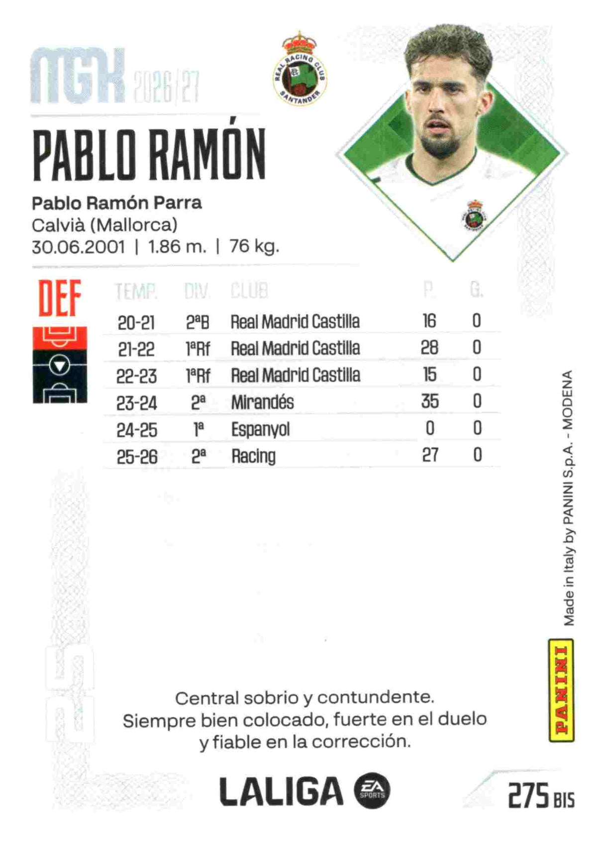 Panini | Megacracks | 2026-2027 | #275 BIS  | Pablo Ramón | Racing Club | Basico Bis