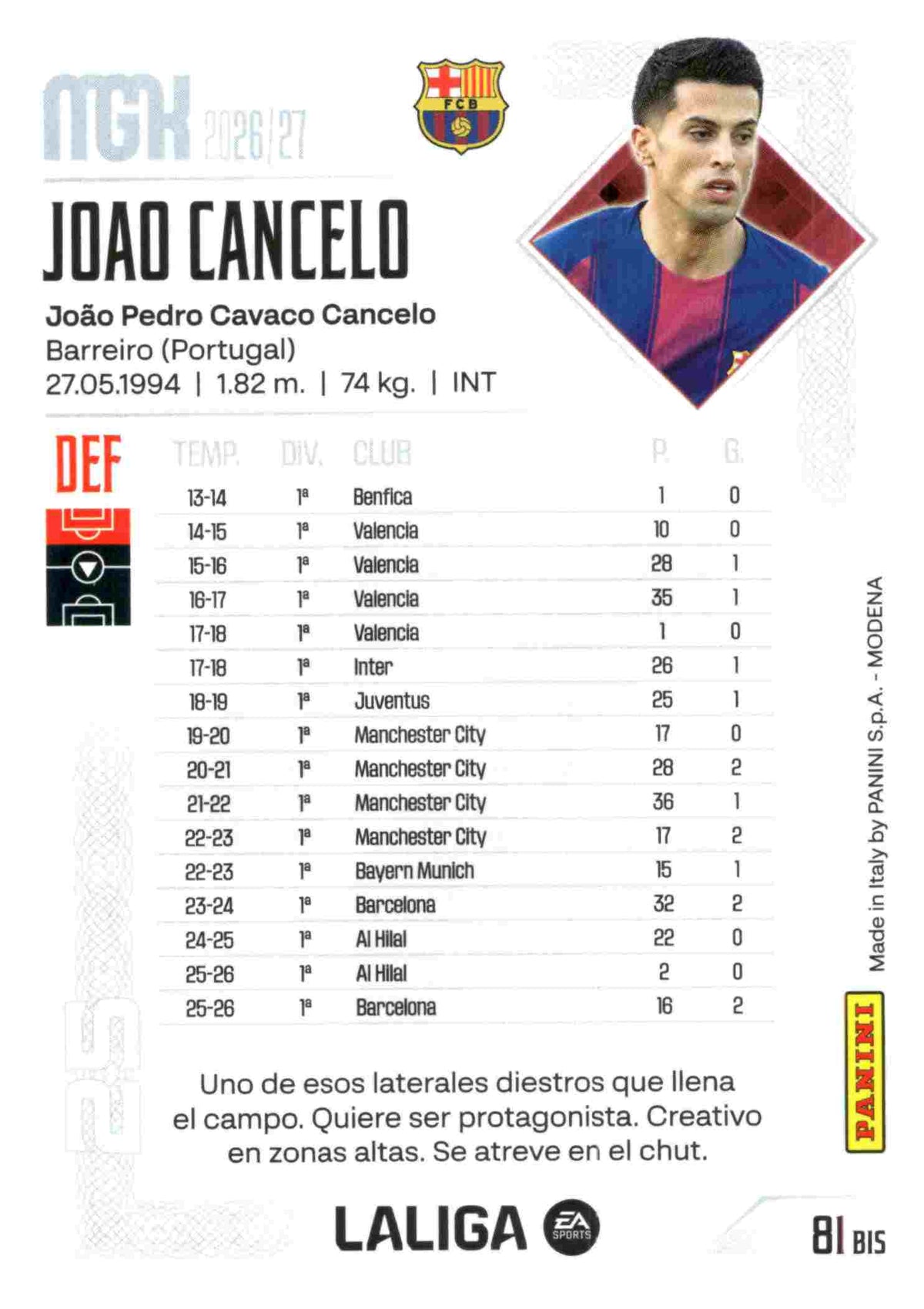 Panini | Megacracks | 2026-2027 | #81 Bis  | Joao Cancelo | FC Barcelona | Basico Bis