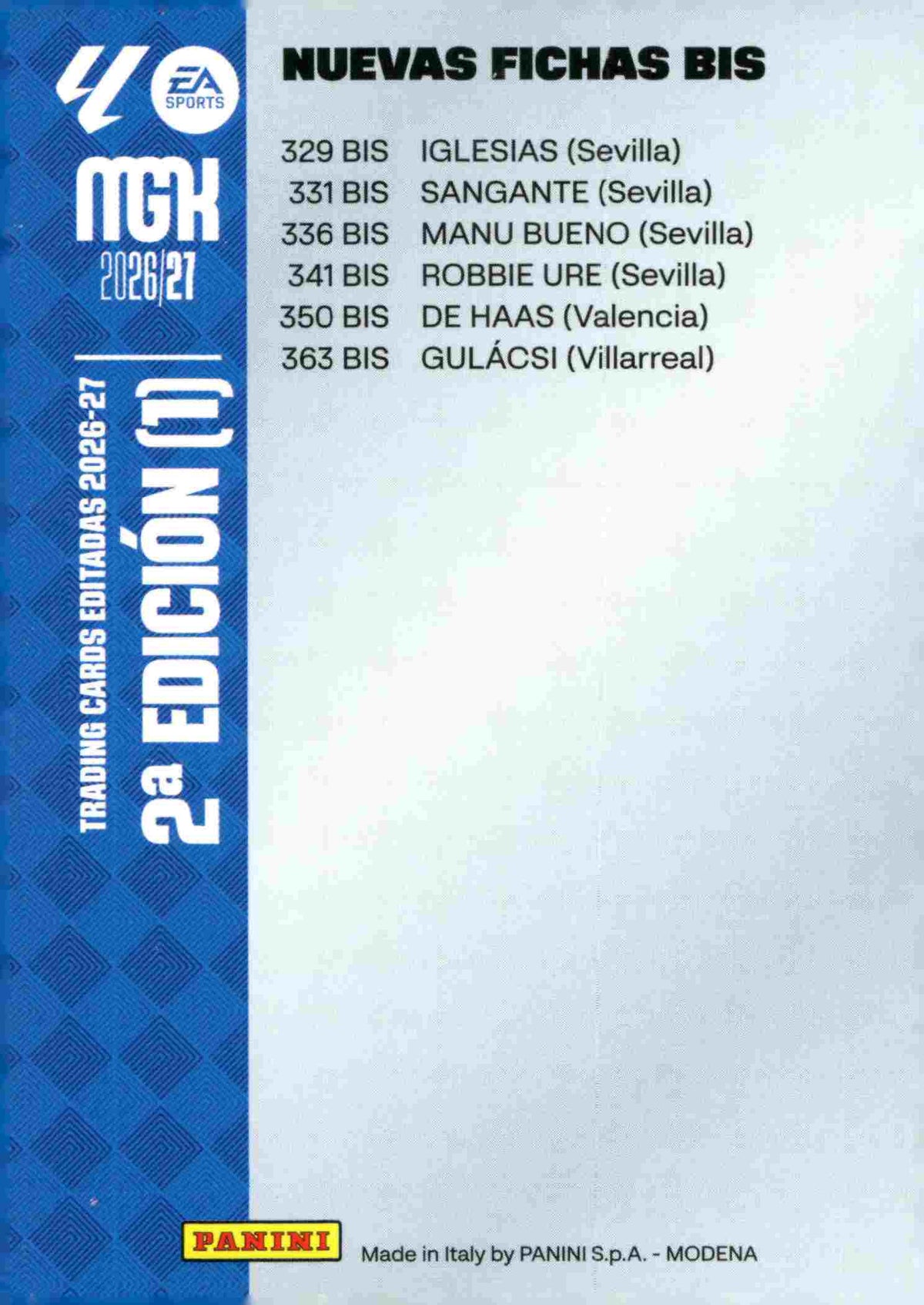 Panini | Megacracks | 2026-2027 | #IND2.1  | Índice 2ª edición |  | Fichas Bis 1