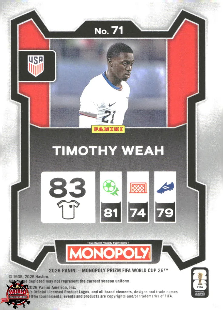 #PMPWC/071 | Panini | Monopoly | Prizm | FIFA World Cup | 2026 | Timothy Weah | Base