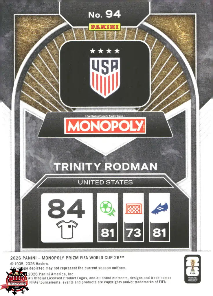 #PMPWC/094 | Panini | Monopoly | Prizm | FIFA World Cup | 2026 | Trinity Rodman | Base