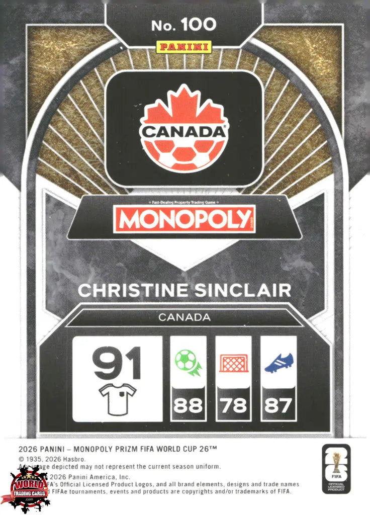 #PMPWC/100 | Panini | Monopoly | Prizm | FIFA World Cup | 2026 | Christine Sinclair | Base