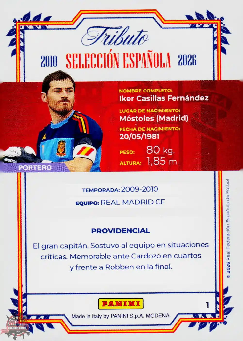 #PTBESP/01 | Panini | Tributo España | Vamos Campeones | 2026 | Sudafrica 2010 | Iker Casillas