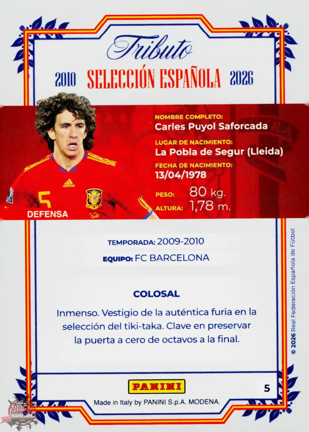 #PTBESP/05 | Panini | Tributo España | Vamos Campeones | 2026 | Sudafrica 2010 | Puyol