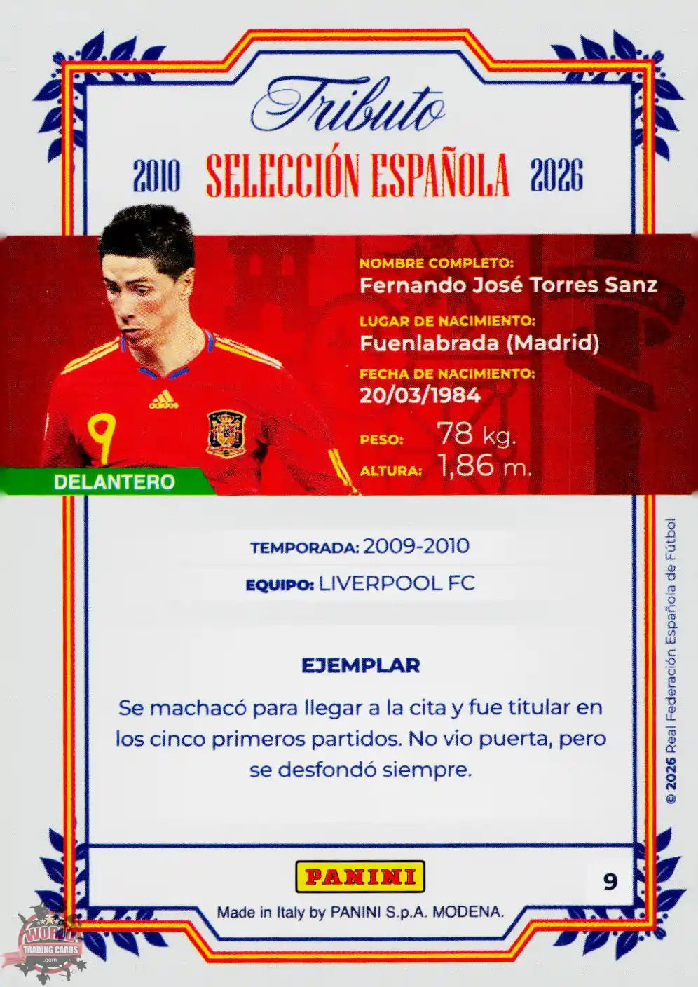 #PTBESP/09 | Panini | Tributo España | Vamos Campeones | 2026 | Sudafrica 2010 | Fernando Torres