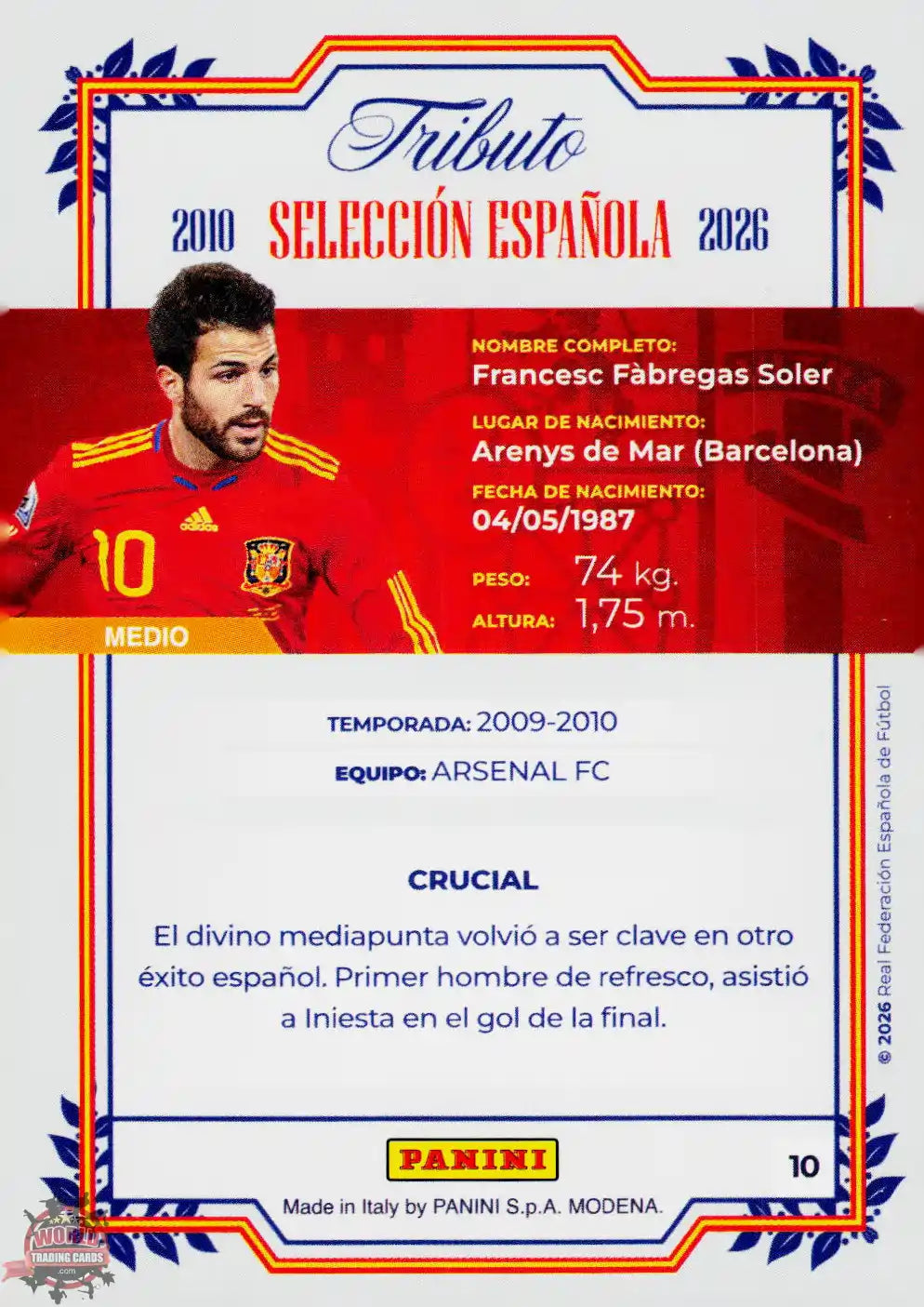 #PTBESP/10 | Panini | Tributo España | Vamos Campeones | 2026 | Sudafrica 2010 | Cesc Fabregas