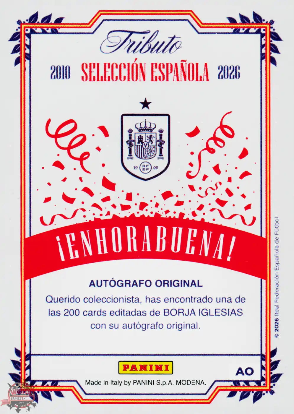 #PTBESP/AUT01 | Panini | Tributo España | Vamos Campeones | 2026 | Autógrafo 200 Unidades | Borja Iglesias