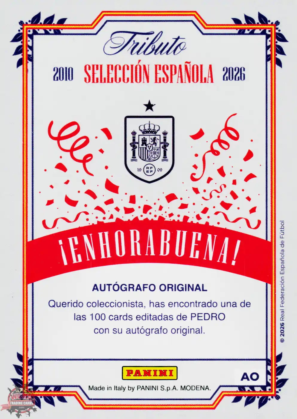 #PTBESP/AUT02 | Panini | Tributo España | Vamos Campeones | 2026 | Autógrafo 100 Unidades | Pedro