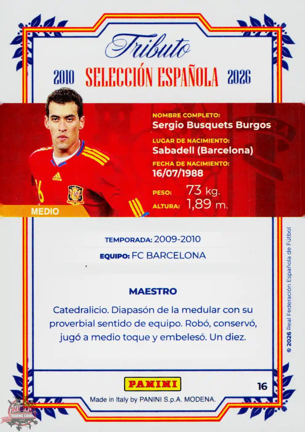 #PTBESP/16 | Panini | Tributo España | Vamos Campeones | 2026 | Sudafrica 2010 | Busquets
