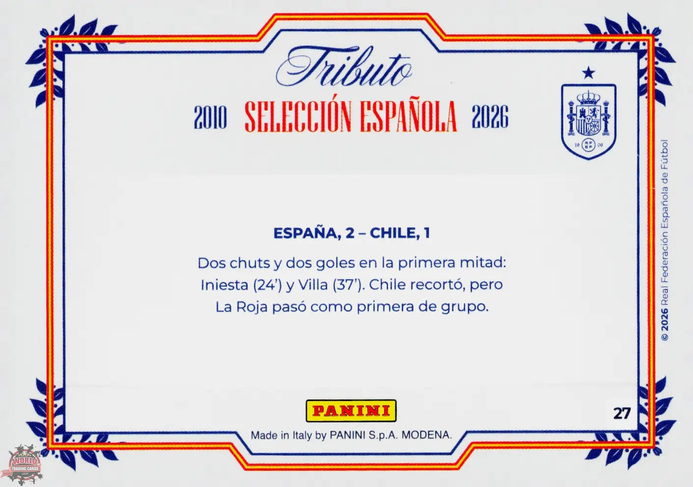 #PTBESP/27 | Panini | Tributo España | Vamos Campeones | 2026 | Sudafrica 2010 | España 2 - Chile 1