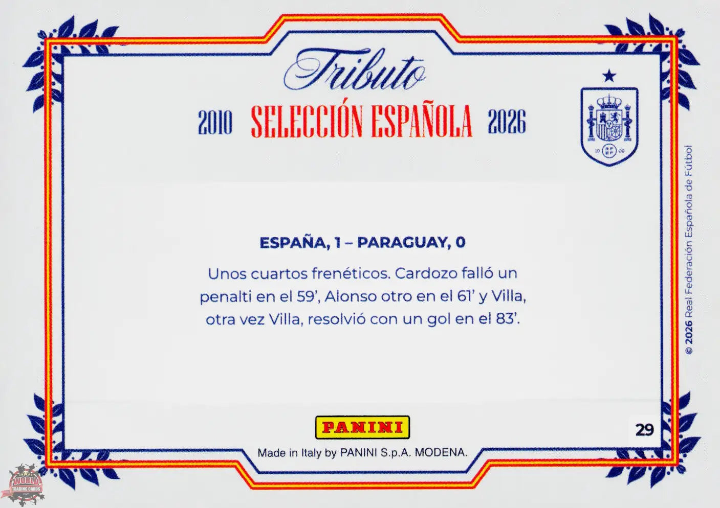 #PTBESP/29 | Panini | Tributo España | Vamos Campeones | 2026 | Sudafrica 2010 | España 1 - Paraguay 0