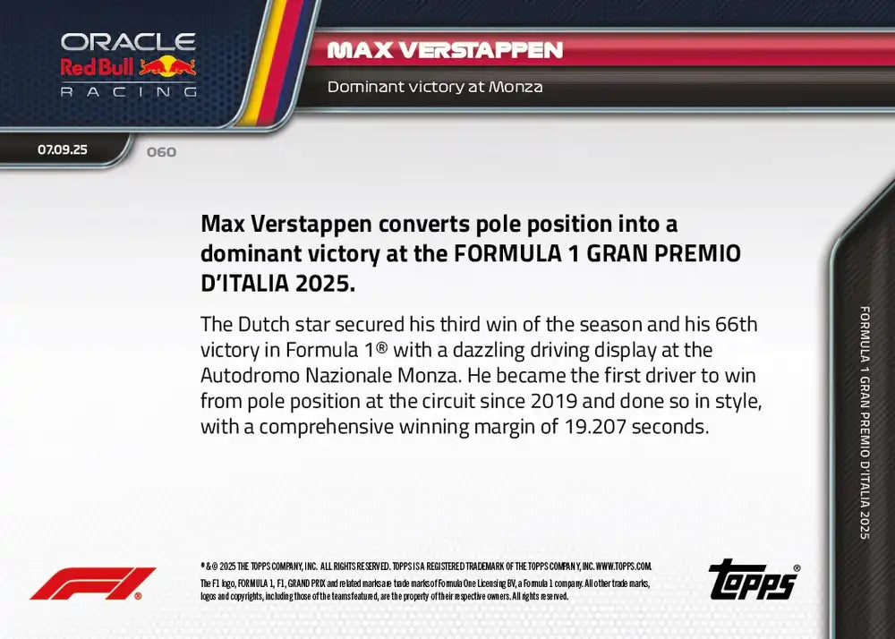 Topps NOW 2025 Formula 1 - Max Verstappen - Card #060 - Victoria en Monza