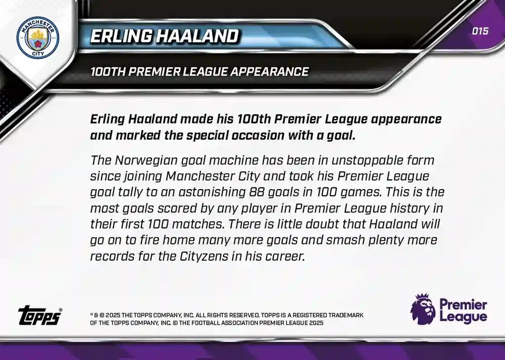 Erling Haaland - 2025 - Topps Now Premier League - Card #015 - Manchester City - World Trading Cards