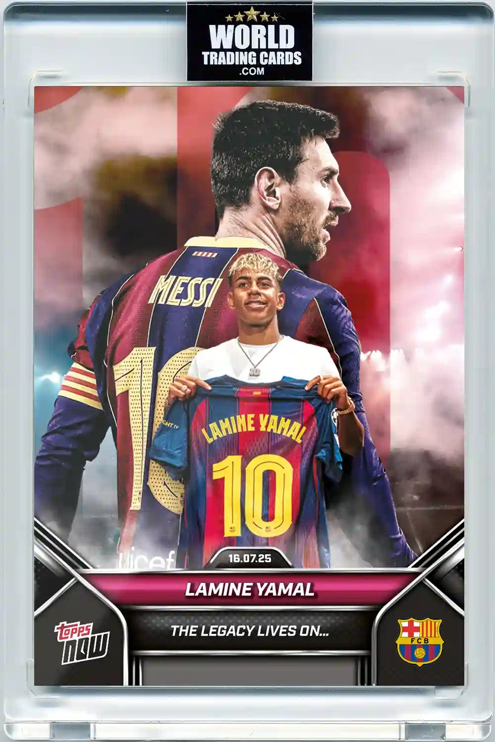Lamine Yamal / Lionel Messi - 2025 - Topps Now - FC Barcelona - Card #002 - Pristine 10-Protección Card Case Magnetic