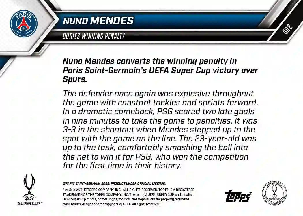 Topps Now - UEFA Champions League 2025-26 - Nuno Mendes - PSG - Card #002