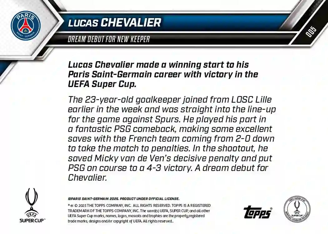 Topps Now - UEFA Champions League 2025-26 - Lucas Chevalier - PSG - Card #005