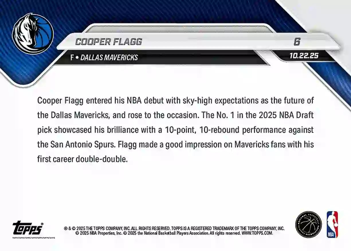 Cooper Flagg - 2025-26 NBA Topps NOW - Rookie RC - Card 006 - WTC