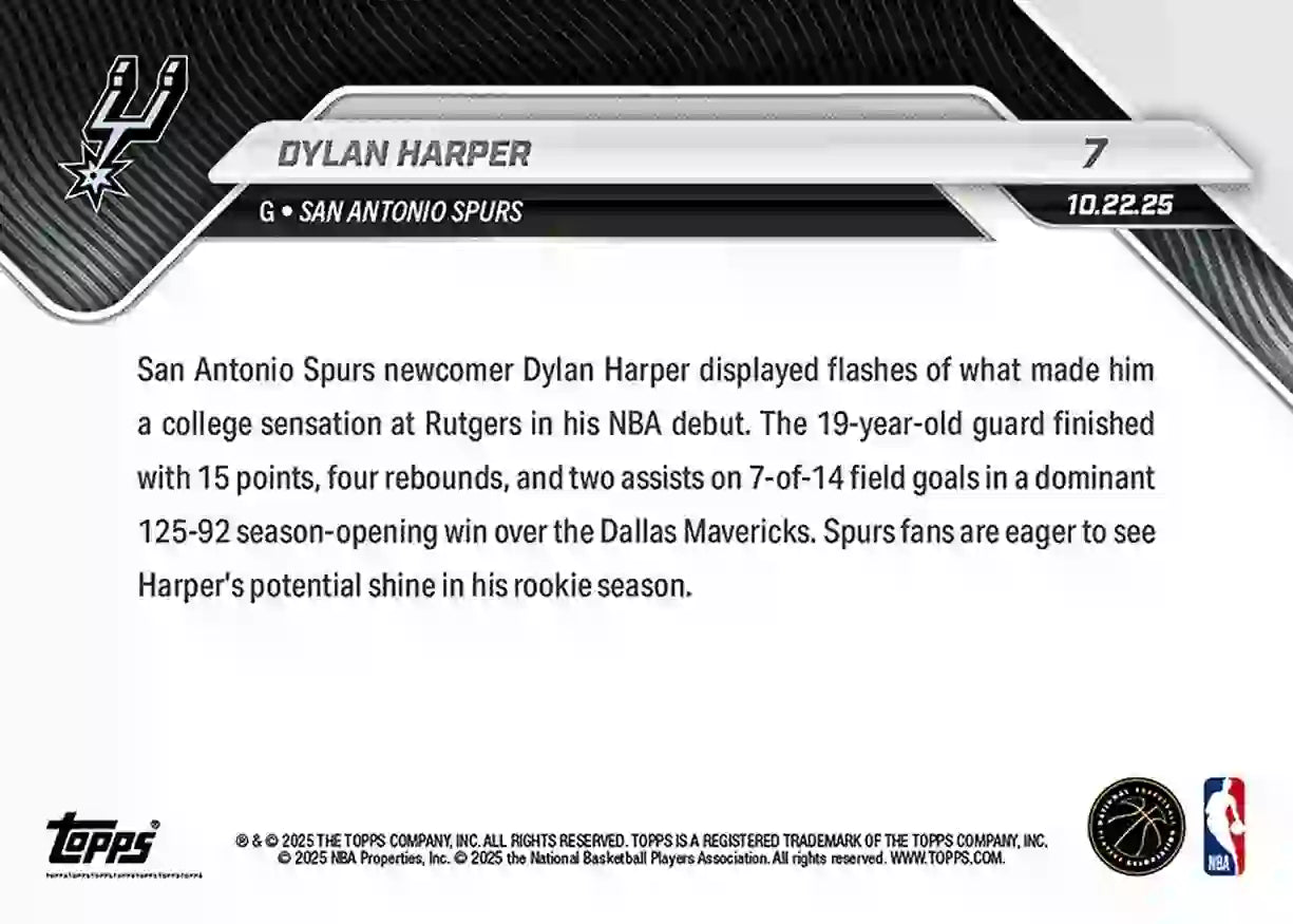 Dylan Harper - 2025-26 NBA Topps NOW - Rookie RC - Card 007 - WTC