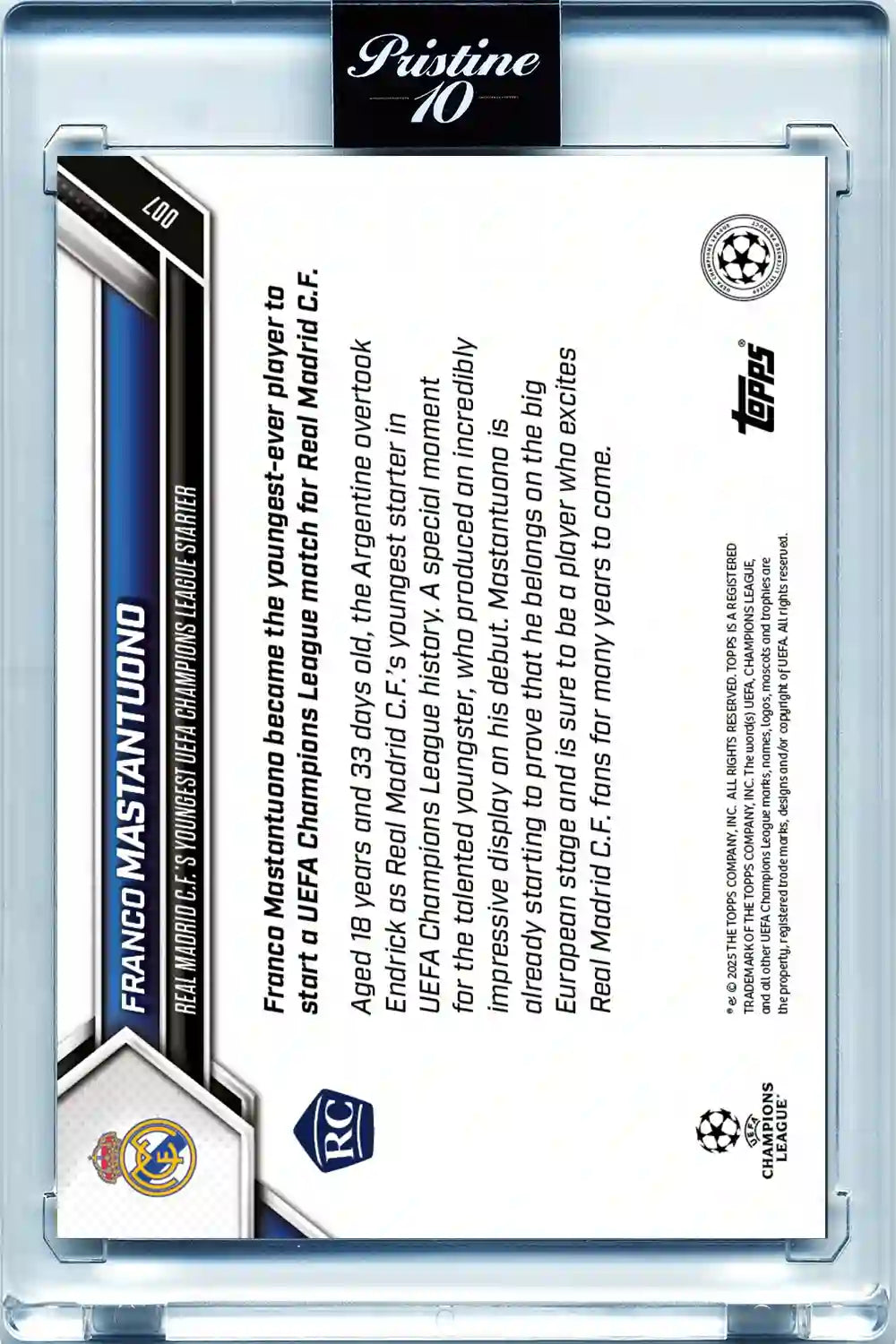 Topps Now - UEFA Champions League 2025-26 - Franco Mastantuono - Rookie RC-Card #007 - Pristine 10 - Protección Card Case Magnetic