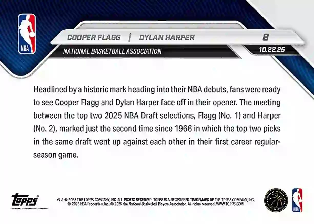 Cooper Flagg - Dylan Harper - 2025-26 NBA Topps NOW - Rookie RC - Card 008 - WTC