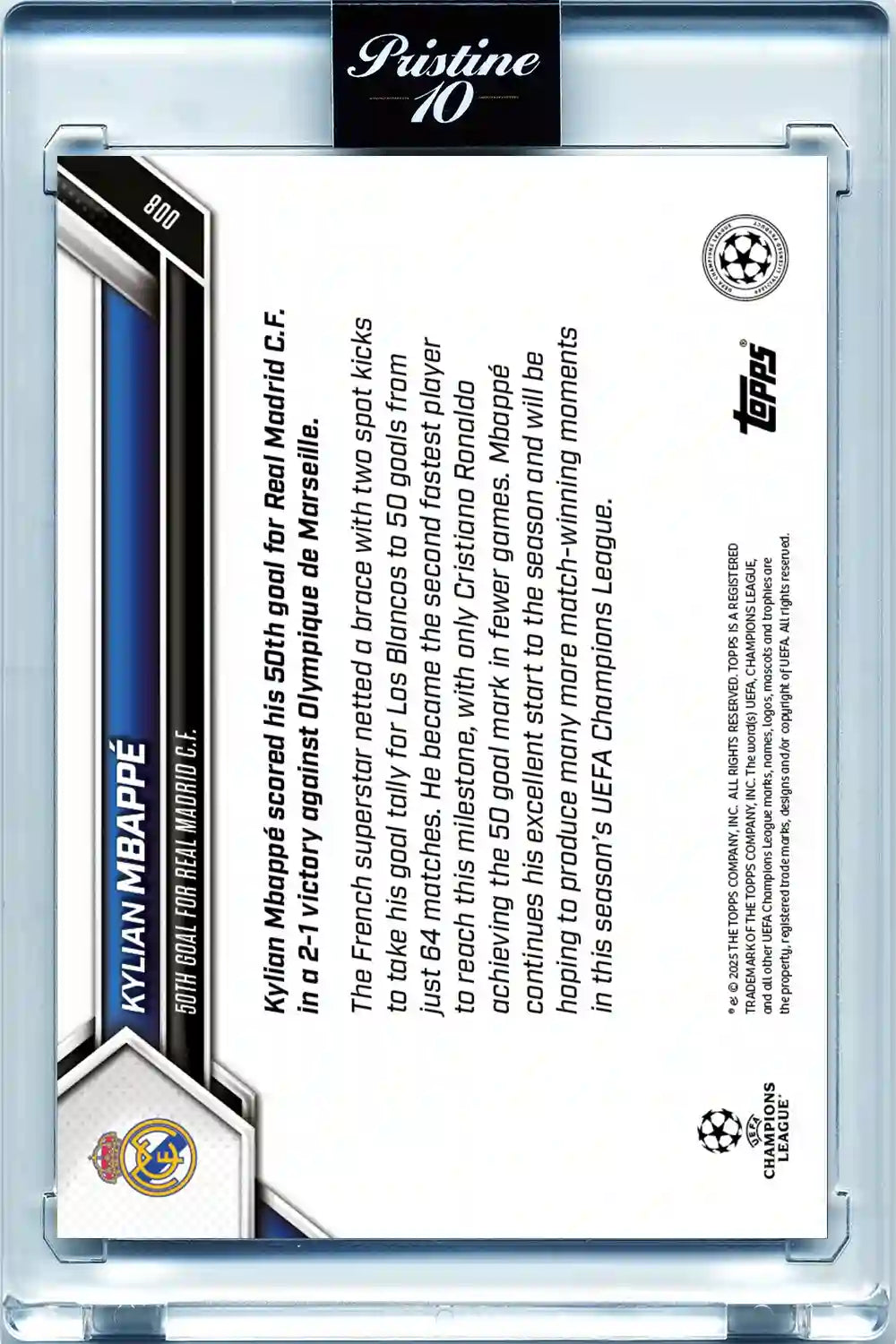 Topps Now - UEFA Champions League 2025-26 - Kylian Mbappe - Card #008 - Pristine 10 - Protección Card Case Magnetic