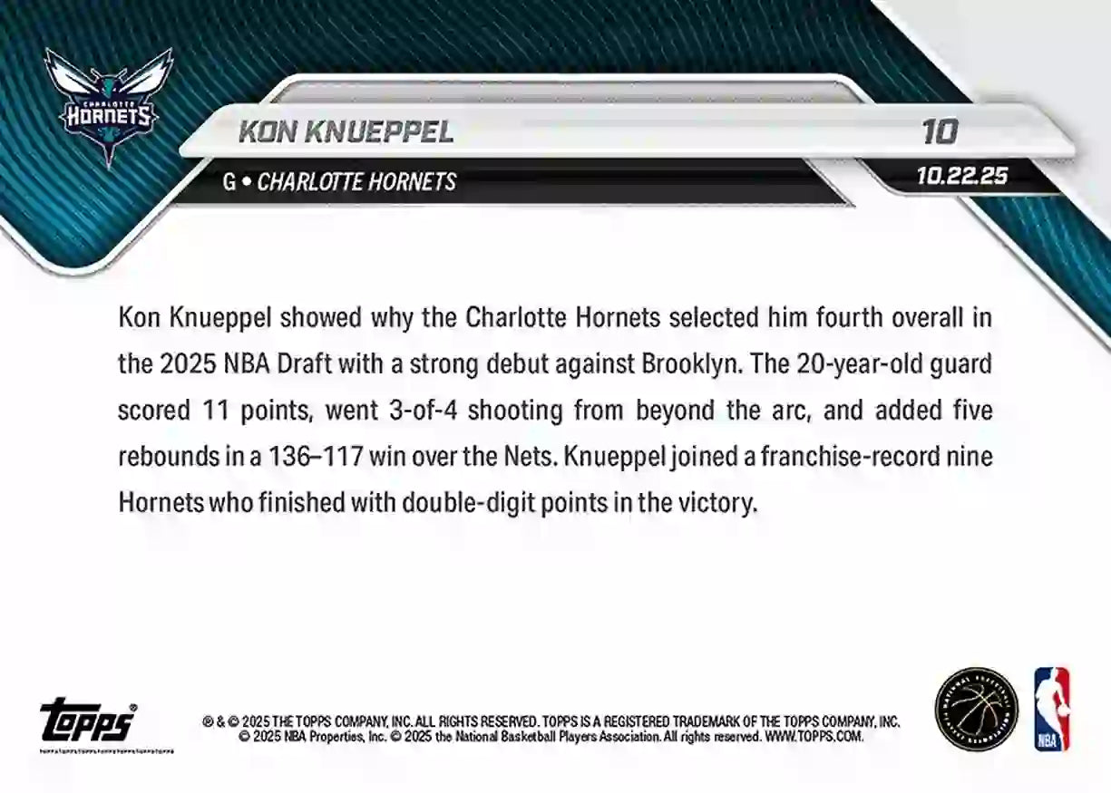Kon Knueppel - 2025-26 NBA Topps NOW - Rookie RC - Card 010 - WTC