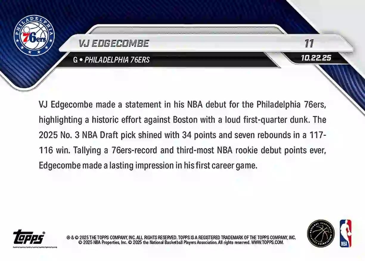 VJ Edgecombe - 2025-26 NBA Topps NOW - Rookie RC - Card 011 - WTC