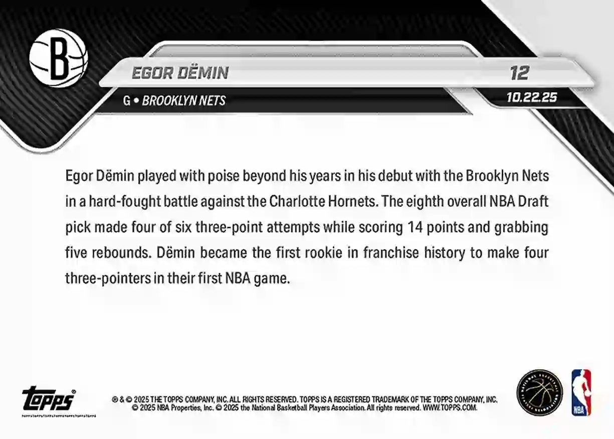 Egor Demin - 2025-26 NBA Topps NOW - Rookie RC - Card 012 - WTC