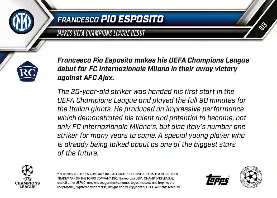 Topps Now - UEFA Champions League 2025-26 - Francesco Pio Esposito - Rookie RC - Card #013