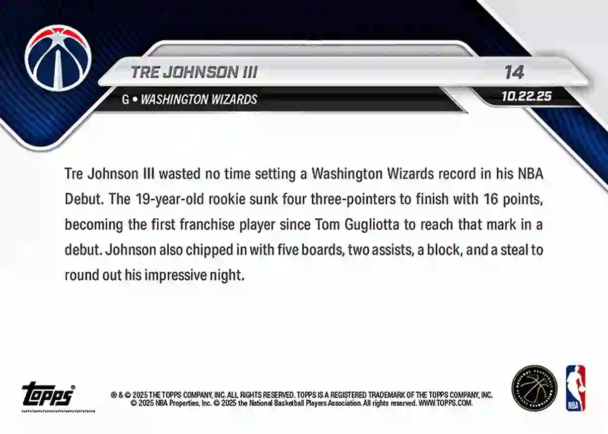Tre Johnson III - 2025-26 NBA Topps NOW - Rookie RC - Card 014 - WTC